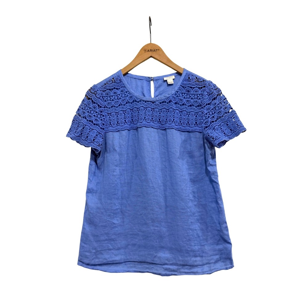 J.Crew Women's Linen Short Sleeve Crochet Lace Yoke Blouse Size 4 Cottagecore